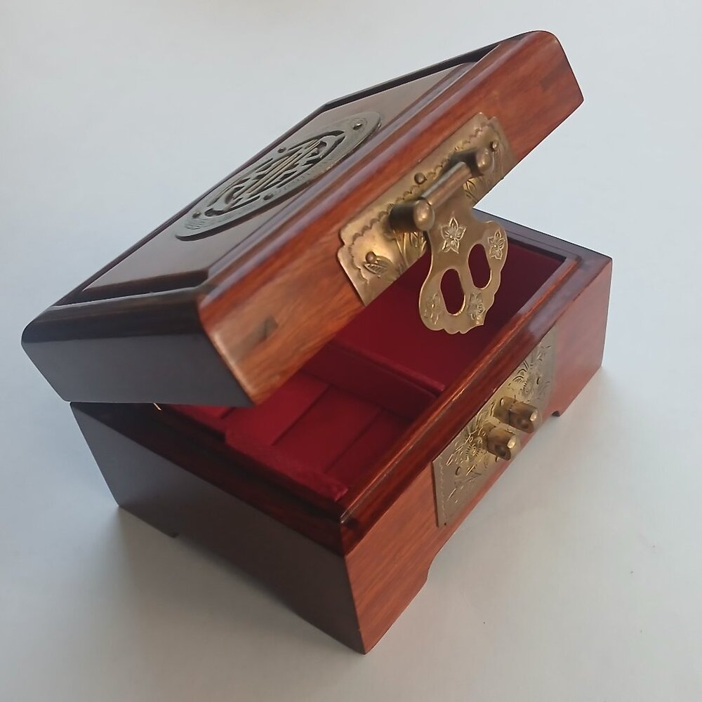 Vintage Chinese ROSEWOOD Jewelry Box with Brass Accents Red Silk Interior Lining